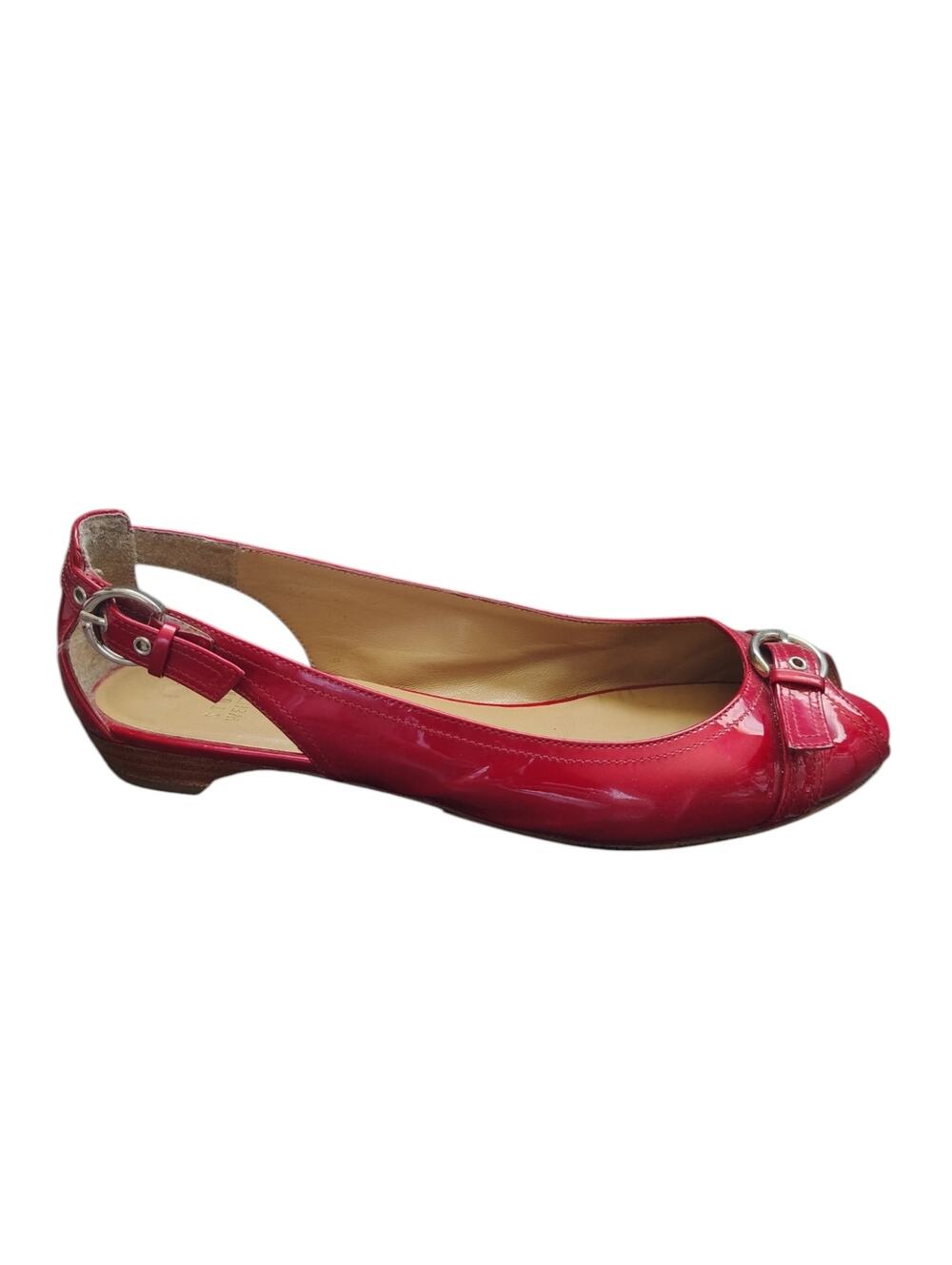 Stuart Weitzman Red Patent Leather Slingback Flats Peep Toe Buckle Accent 10